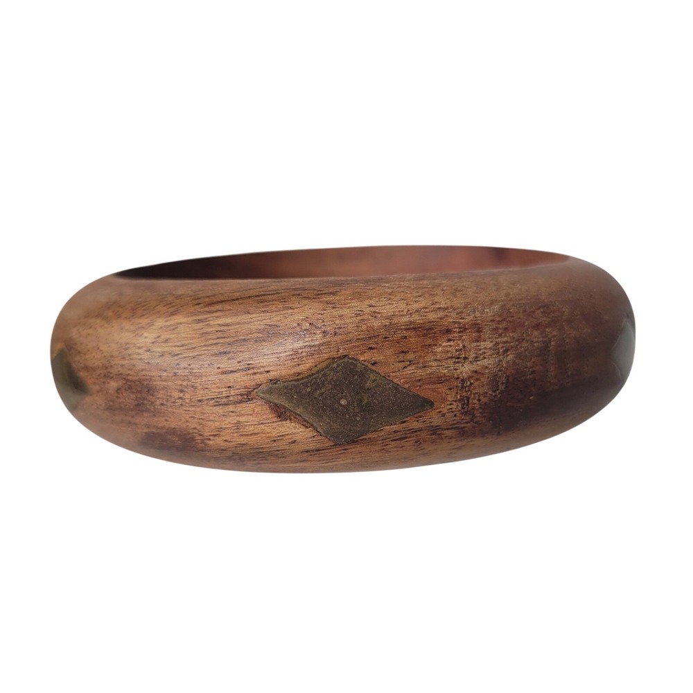 Vintage Brown Wood‎ with Brass Diamond Shaped Inlay Boho Bangle Bracelet